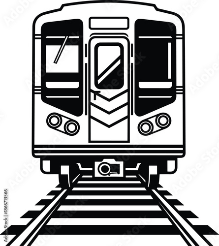 Modern subway train front view silhouette, urban public transportation vehicle, metro rail system concept, city commuting infrastructure, black and white vector illustration