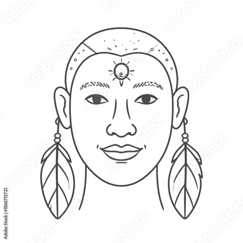 Minimalist Line Art Portrait: Person with Spiritual Forehead Symbol and Feather Earrings