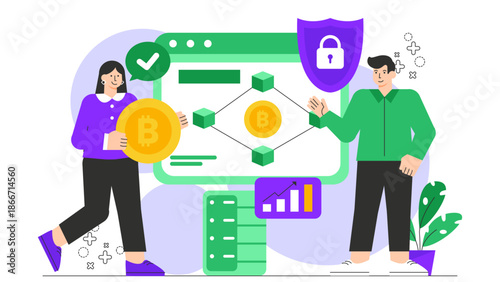 Flat illustration of blockchain in business solutions