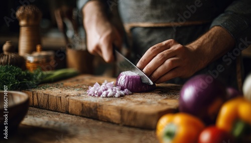 Person cutting red onion on wooden board with knife.