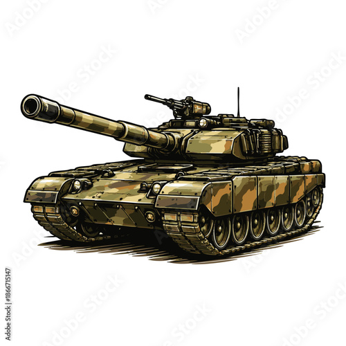 Military battle tank illustration isolated on transparent background, generative ai