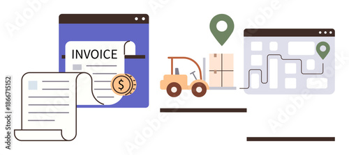 Business invoicing, delivery management, supply chain, financial transactions, shipment tracking, and logistics. Documents, forklift with boxes and a mapped delivery route. Business invoicing