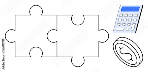 Financial planning, problem-solving, teamwork, investment strategy, budgeting, savings. Two puzzle pieces alongside a calculator and coin symbol. Financial planning and problem-solving concepts