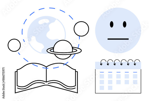 Education, science, planning, scheduling, time management, emotions. Open book, calendar planets and vague expression. Education and science highlighted in minimalist style