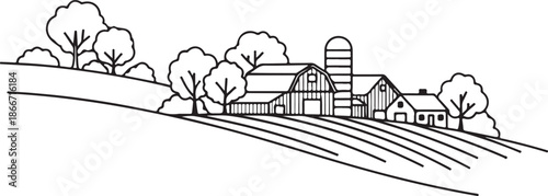 A clean black and white line art vector of a rural farm landscape featuring a classic barn, silo, and farmhouse nestled among trees on a rolling hillside with tilled fields.