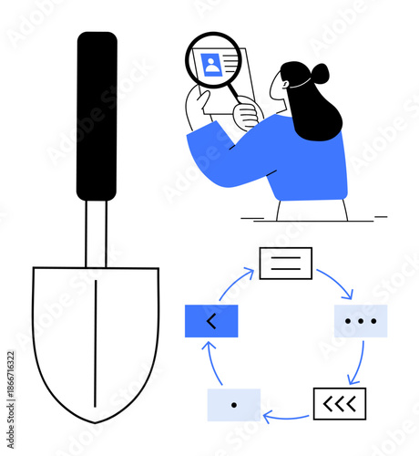 Data analysis. A person inspects information with a magnifying glass, workflow cycle diagram hints at structured processes and solutions. Data analysis for research, workflow optimization, project