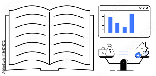 Knowledge concept. Open book, data chart, and balance scale combine of analytics, education, and wealth management. Knowledge connects learning, decision-making and personal growth. For education