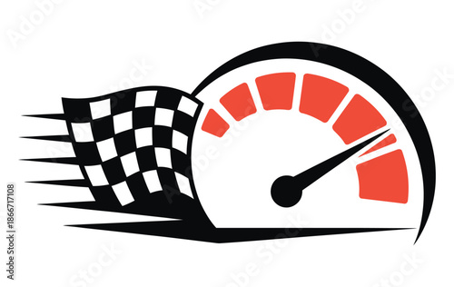 Speedometer and Racing Flag Logo, Vector Illustration Featuring Motorsport Emblem, High-Speed Concept, Racing Graphics, Automotive Design Elements, Performance Symbols, Vector Logo for Motorsports