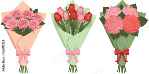 Wrapped Flower Bouquet Set with Roses, Tulips, and Carnations in Decorative Paper for Wedding Gifts, Romantic Celebrations, and Floral Vector Designs