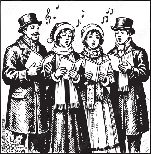 Vintage-style black and white woodcut illustration of Victorian carolers singing from books. A festive scene featuring four singers in traditional winter attire with musical notes and holly.