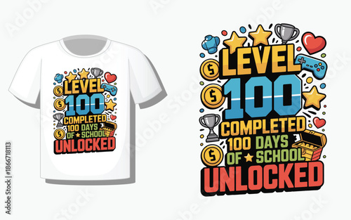 Level 100 Completed 100 Days of School Unlocked Game Style T-Shirt Vector