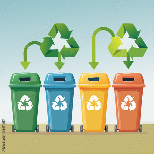 Vector illustration of waste segregation with four colored recycling bins for environmental sustainability and eco-friendly waste management solutions, promoting responsible trash sorting practices