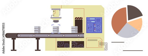 Automation, manufacturing, production efficiency, data monitoring, industrial systems, analytics. Conveyor with robotic machinery and a pie chart. Automation and manufacturing process concept