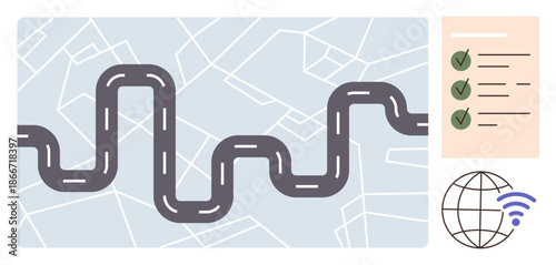 Navigation, global connectivity, planning, logistics, roadmaps, travel. Winding road map, checklist with green checkmarks and globe with wireless signal. Navigation and global connectivity