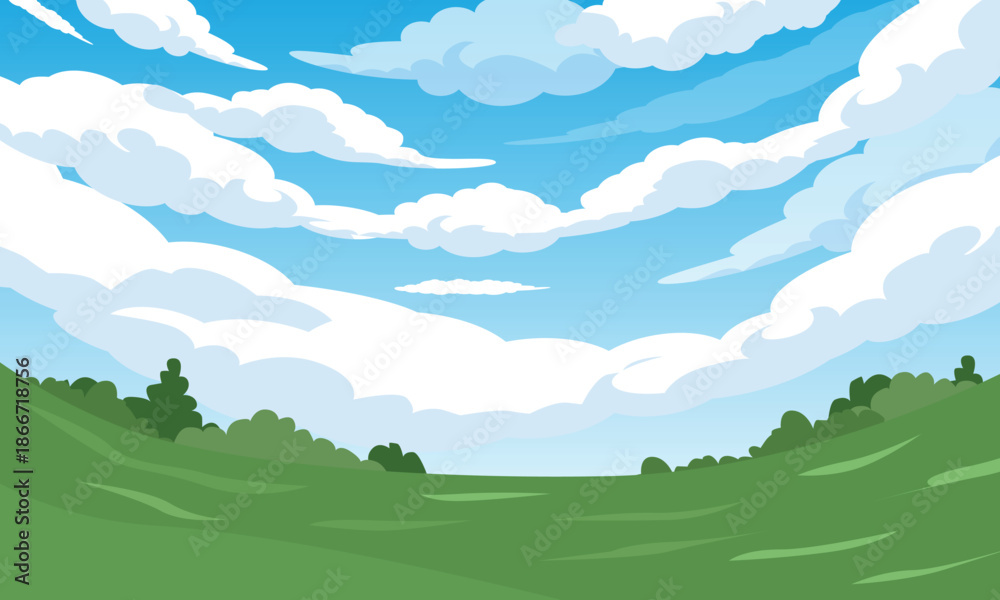 Fototapeta premium Sunny Blue Sky Landscape with Green Hills and White Clouds Vector Illustration