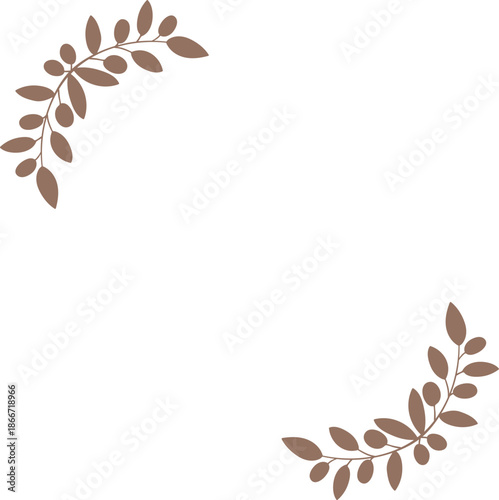 Olive Leaf branches corner decoration in retro brown, minimalist botanical frame for square layout