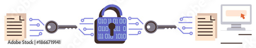 Data protection, encryption technology, secure file sharing, cybersecurity, digital privacy, authentication. Central lock secured by keys, connected to documents and computer. Data protection