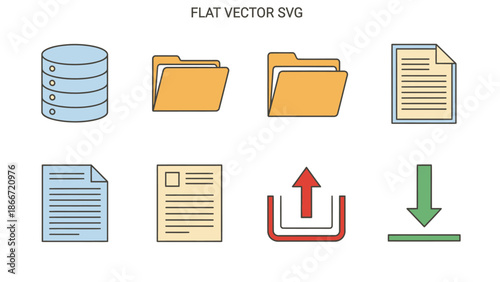 Flat Vector Icons Set: Data Management, File Transfer, Database, Folders, and Documents. Digital Information Symbols.