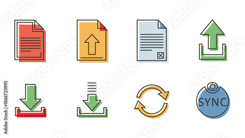 Set of file management, document transfer, upload, download, and synchronization vector icons. Data storage and cloud computing concepts.