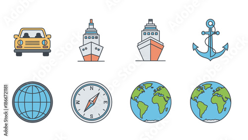 Travel and Navigation Vector Icons Set. Car, Ships, Anchor, Compass, Globe Earth. Transportation, Journey, Exploration Symbols.