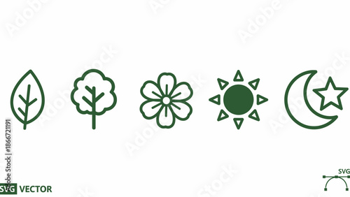 Minimalist green vector icons set. Leaf, tree, flower, sun, moon, and star symbols representing nature and celestial elements.