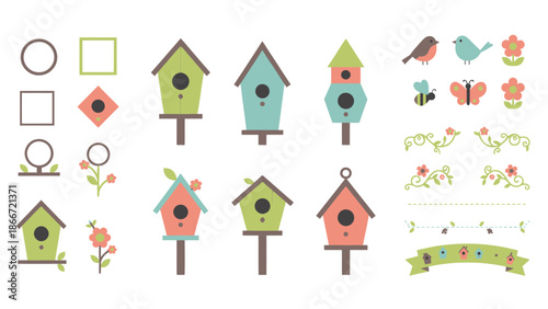 Colorful birdhouse and garden icons set. Spring Vector Packs. EPS Editable