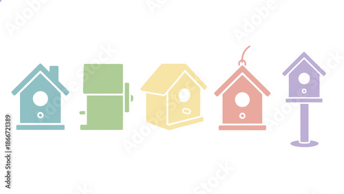 Colorful birdhouse icons in row. Spring Vector Packs. EPS Editable