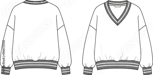 V-neck sweater fashion flat, detailed clothing template, ribbed cuffs and hem pullover design, technical garment sketch for apparel designers and pattern makers
