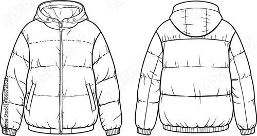 Winter puffer jacket fashion flat sketch, front and back technical drawing, hooded quilted coat design, warm outerwear vector illustration template