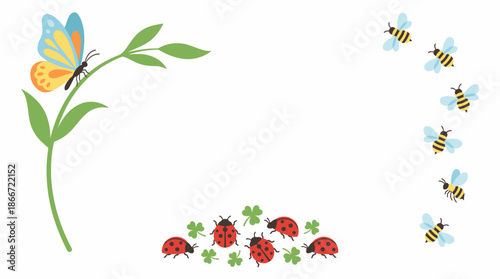 Colorful insects ladybugs and bees flying. Spring Vector Packs. EPS Editable