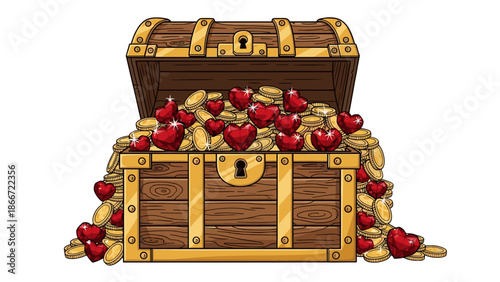 A treasure chest overflowing with gold coins and heart-shaped treasures. A symbol of wealth and love.