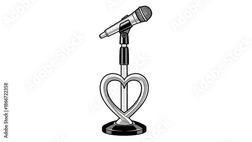 A stylish microphone on a heart-shaped stand. It is ready for a special event or a performance. The stand has a unique design