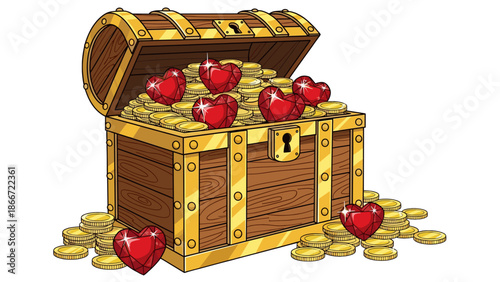 A treasure chest filled with gold coins and heart-shaped gems