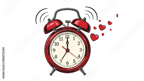 Red alarm clock ringing with hearts floating around it, symbolizing love and time