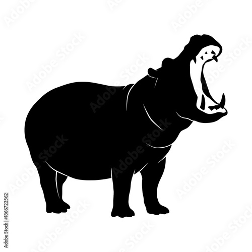 A black silhouette of a hippo with its mouth wide open