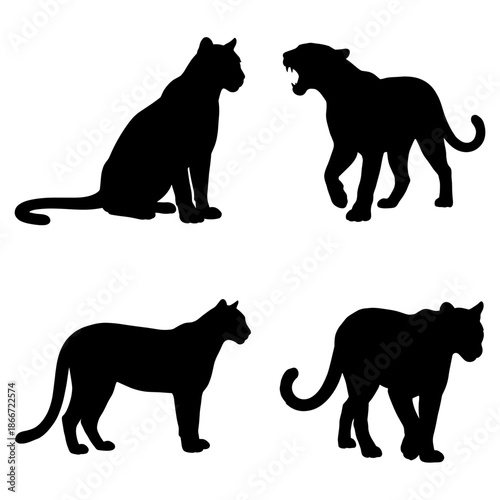 Silhouette of a leopard in different poses, showcasing power and grace. The sleek black silhouettes against a clean background create a bold visual impact.