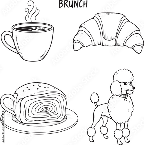 A delightful line art vector featuring a groomed poodle standing alongside brunch staples like steaming coffee, a large croissant, a cinnamon roll, and the word "BRUNCH." Ideal for coloring pages.