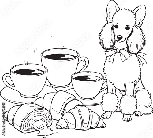 A detailed line art scene featuring a poodle with a large neck bow sitting near three cups of coffee and various croissants. Includes a cross-section view of a pastry