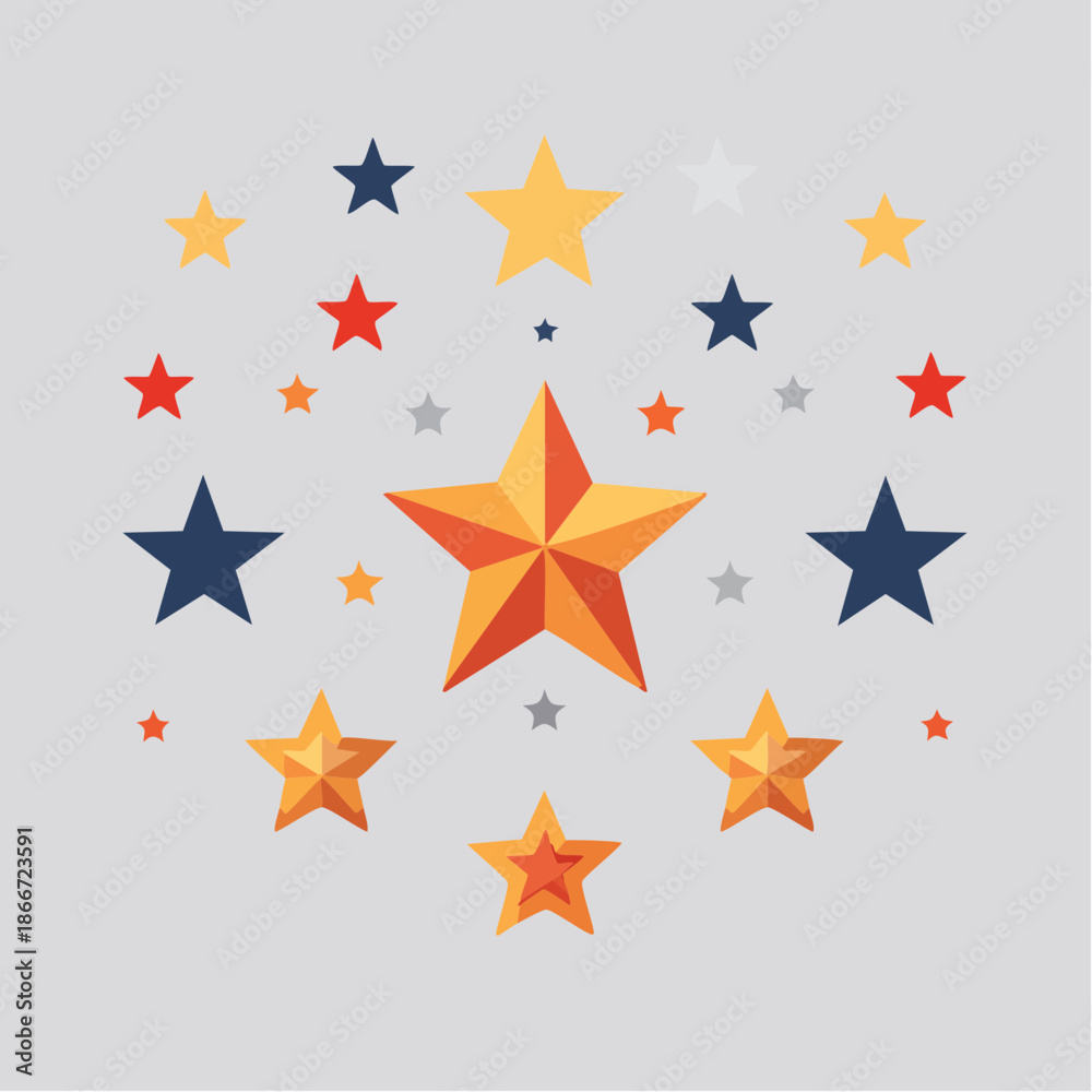 Obraz premium A vibrant illustration of colorful stars in various sizes against a light gray background, viewed from a straightforward perspective.