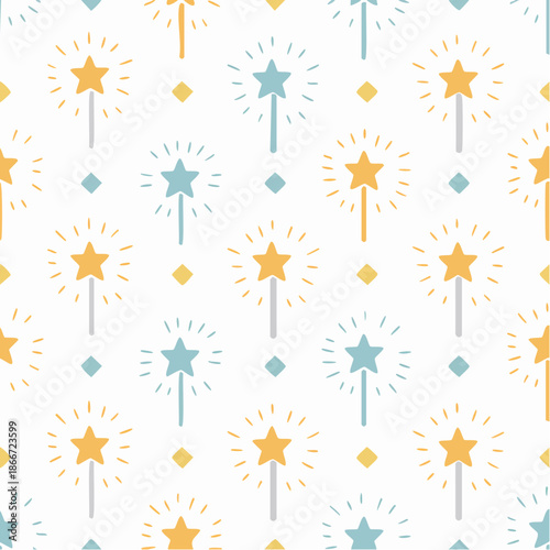 Seamless pattern of festive fireworks and stars in orange and blue hues on a white background viewed from directly above