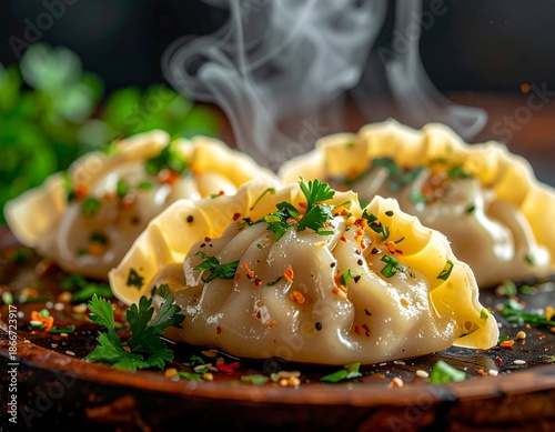 Close-up cinematic food photograph of momos garnished with fresh herbs, fresh leaf textures and moisture, soft steam rising, professional studio lighting, bright clean background