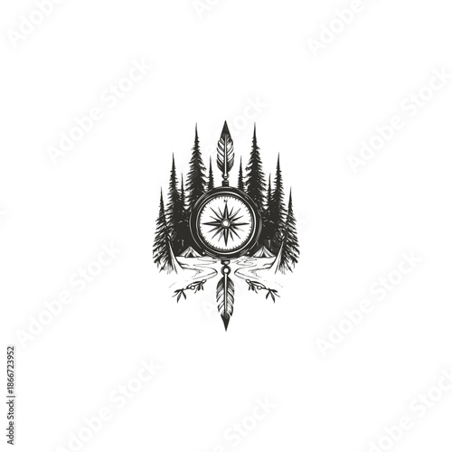 Vintage hand-drawn engraving of a navigational compass centered in a pine forest with camping tents and decorative feathers.