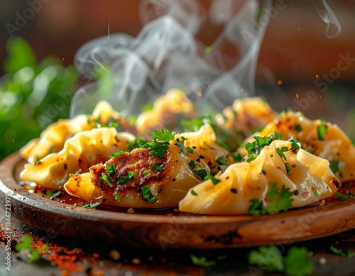 Close-up cinematic food photograph of momos garnished with fresh herbs, fresh leaf textures and moisture, soft steam rising, professional studio lighting, bright clean background