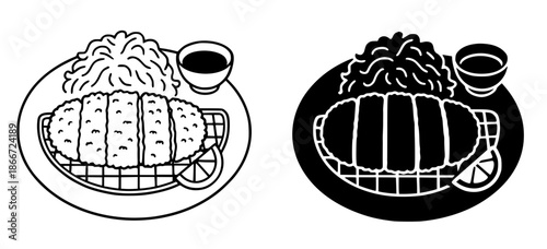 Tonkatsu illustration, black and white, outline and silhouette style