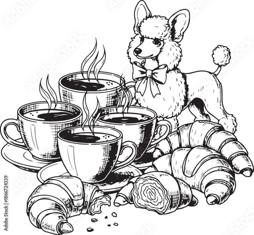 Elegant black and white line art featuring a poised poodle wearing a bow, surrounded by steaming coffee cups and fresh croissants. A charming Parisian-style cafe illustration.