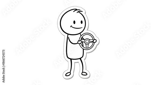 Stick Figure Character Holding a Steering Wheel Ready to Drive.