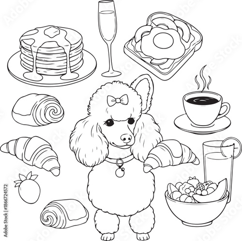 Adorable line art of a poodle wearing a bow, surrounded by a brunch feast: pancakes, croissants, fruit, coffee, avocado toast, and juice. A whimsical Parisian breakfast scene.