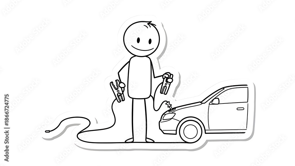 Naklejka premium Stick Figure Person Connecting Jumper Cables to a Car Battery.