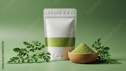 Organic Green Superfood Powder Packaging in White Stand Up Pouch with Fresh Leaves and Wooden Bowl, Natural Herbal Supplement Product Photography for Wellness Branding, Packaging Design, Advertising