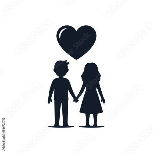 A couple silhouette holding hands with a heart above